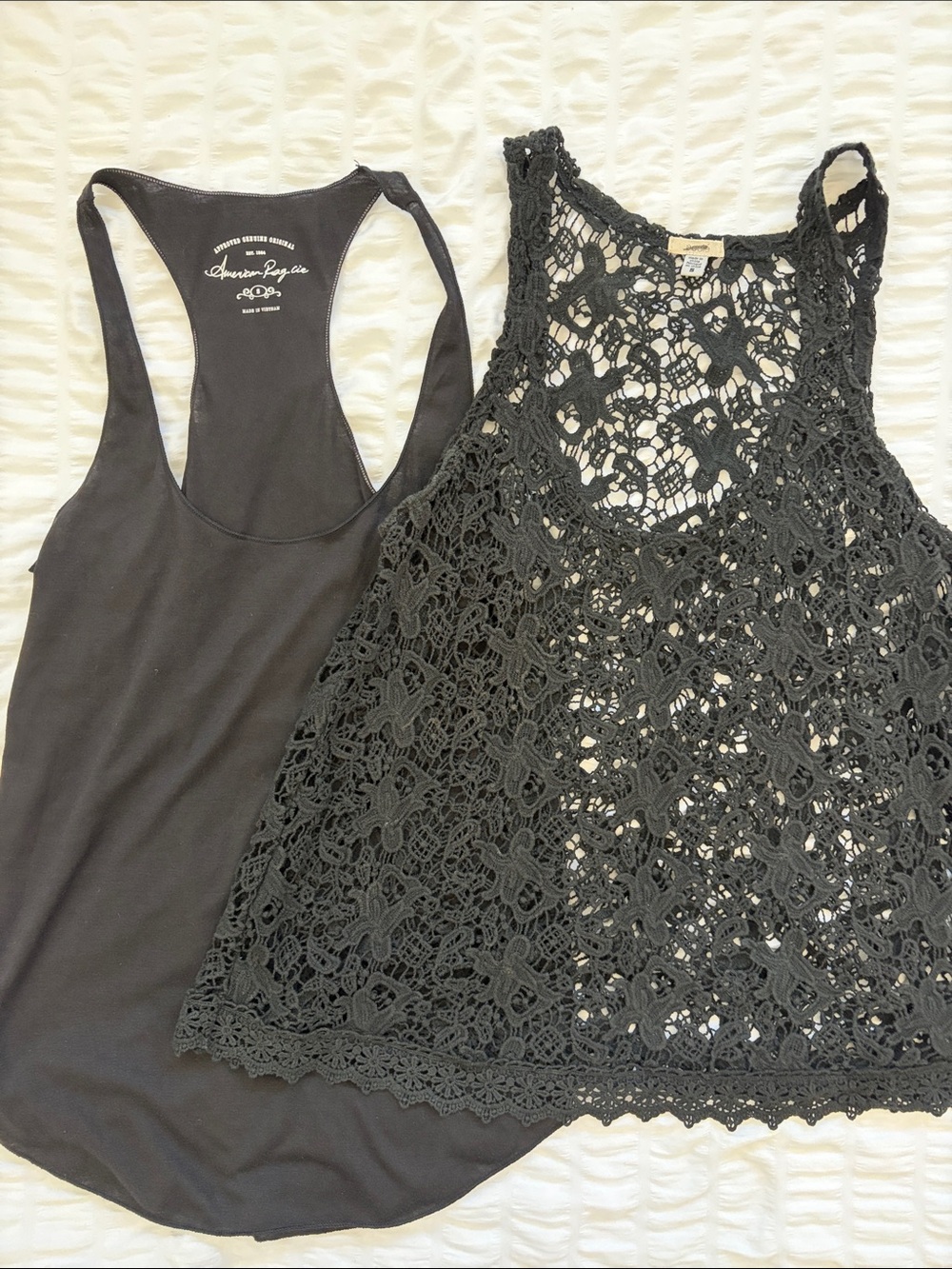 2 Items: Ecote Black Crochet Lace Tank Top and American Rag Racer Tee. Size Sm.